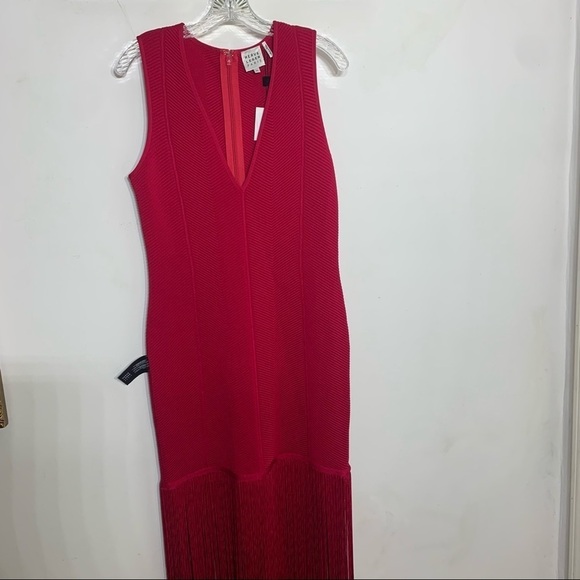 HERVÉ LÉGER Fringed bandage gown V neck Sleeveless red/pink women’s xl new - Picture 5 of 14